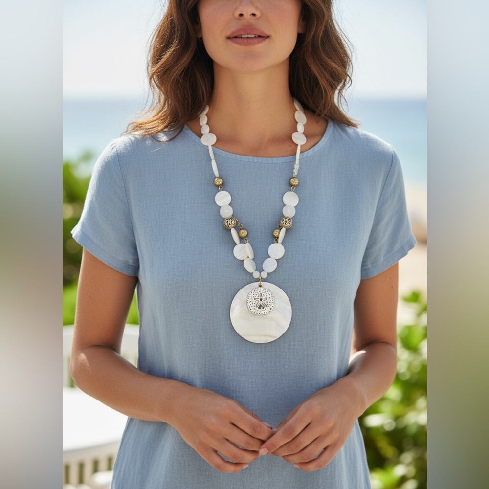 Paradise Shores" mother of pearl and shell bead necklace w/earrings set NIB